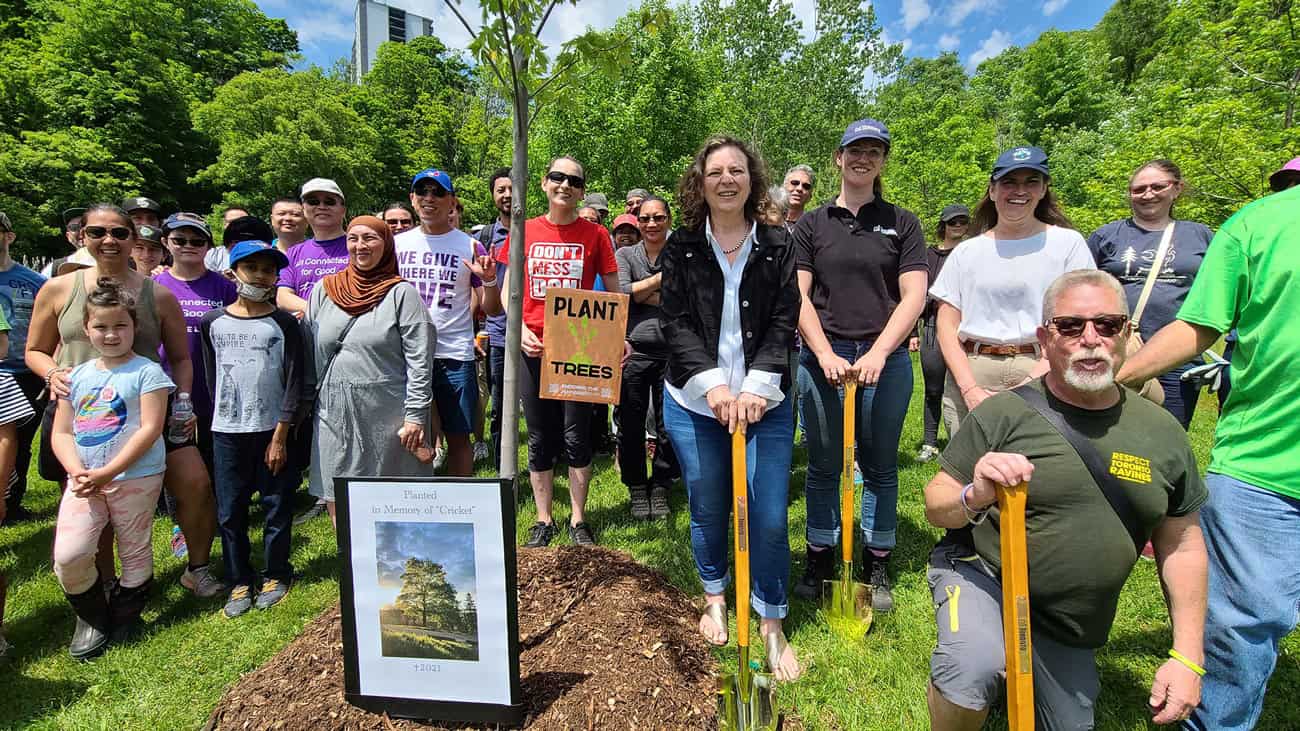 Councillor Jaye Robinson attended Plant Based Treaty event to commemorate the planting of a new tree in memory of a big beloved tree that was cut down in E.T. Seton Park in Toronto named “Cricket.”